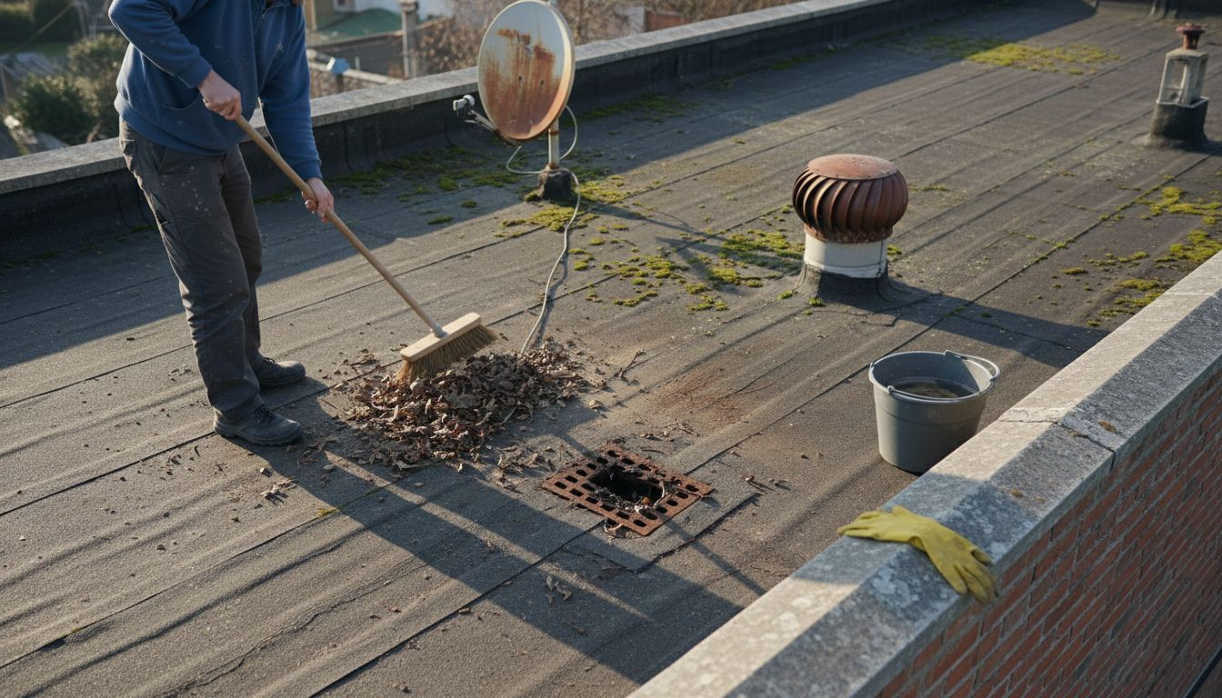 Homeowner cleaning roof surface before waterproofing