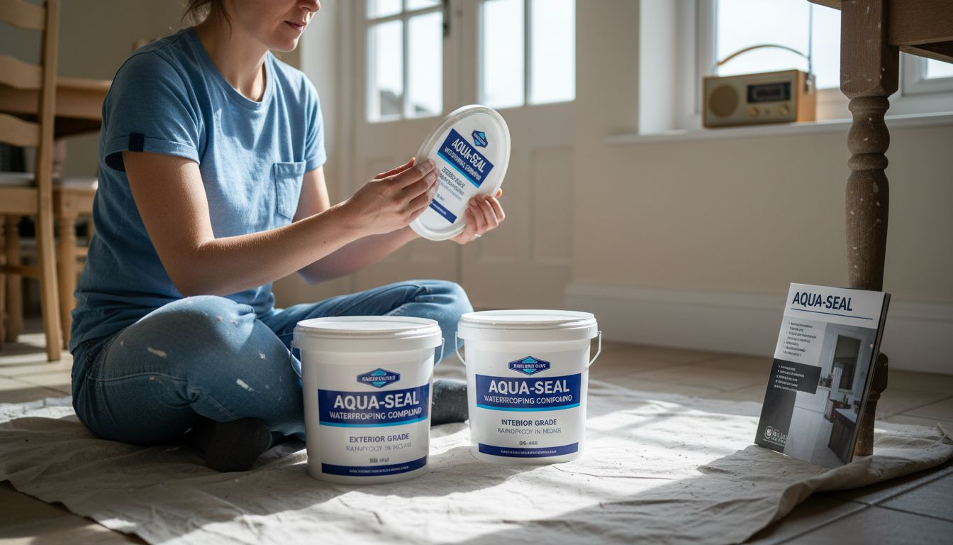 Homeowner comparing waterproofing compound buckets