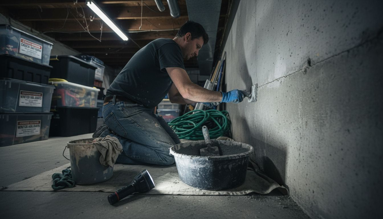 Homeowner patching cracks in basement wall