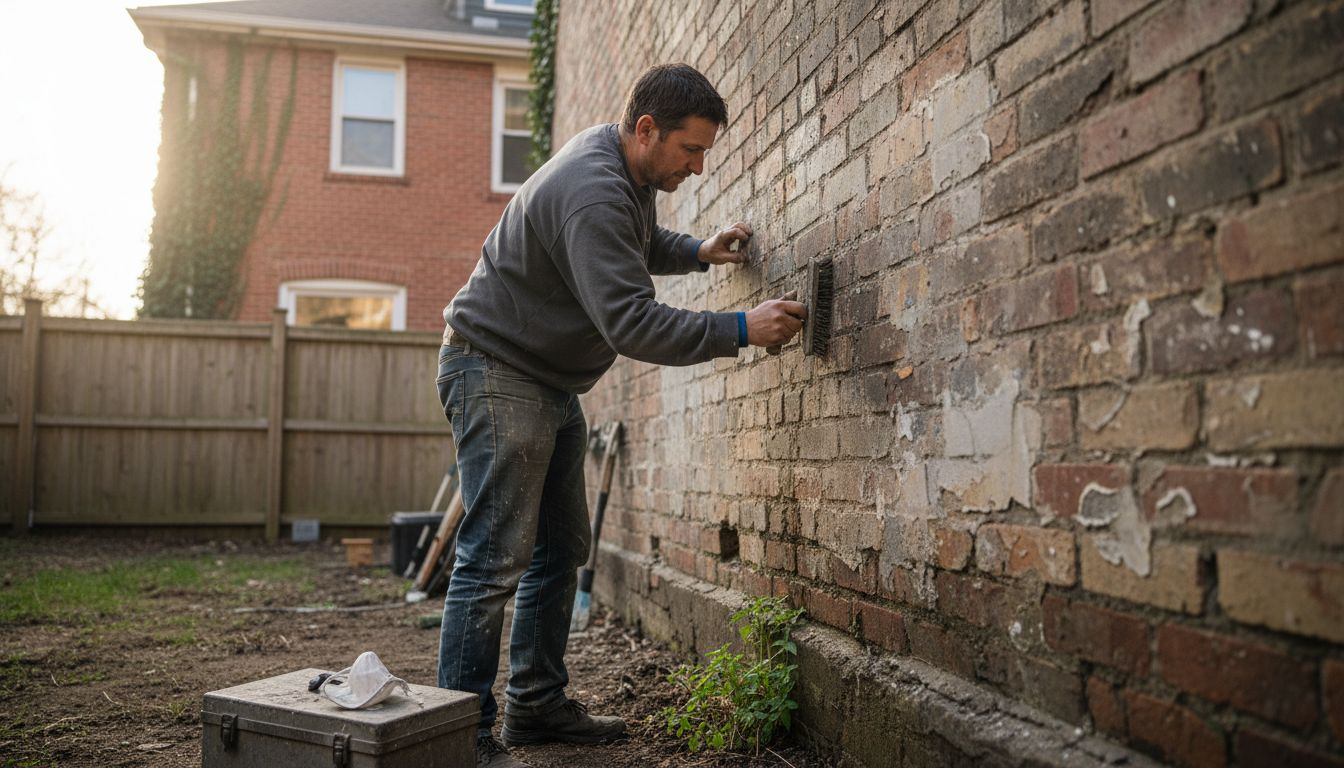Contractor preparing basement wall surface outdoors