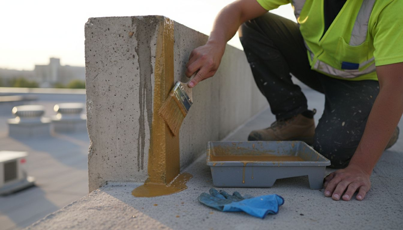 Brushing polyurethane membrane on parapet base