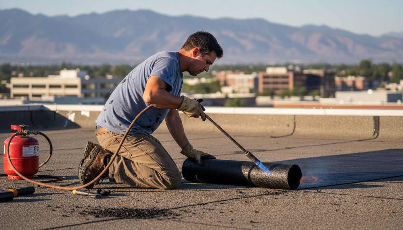 Worker installing torch-on bitumen membrane
