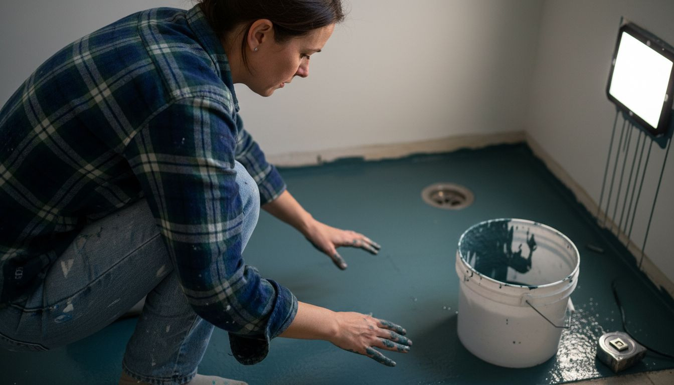 Woman checks evenness of waterproof layer