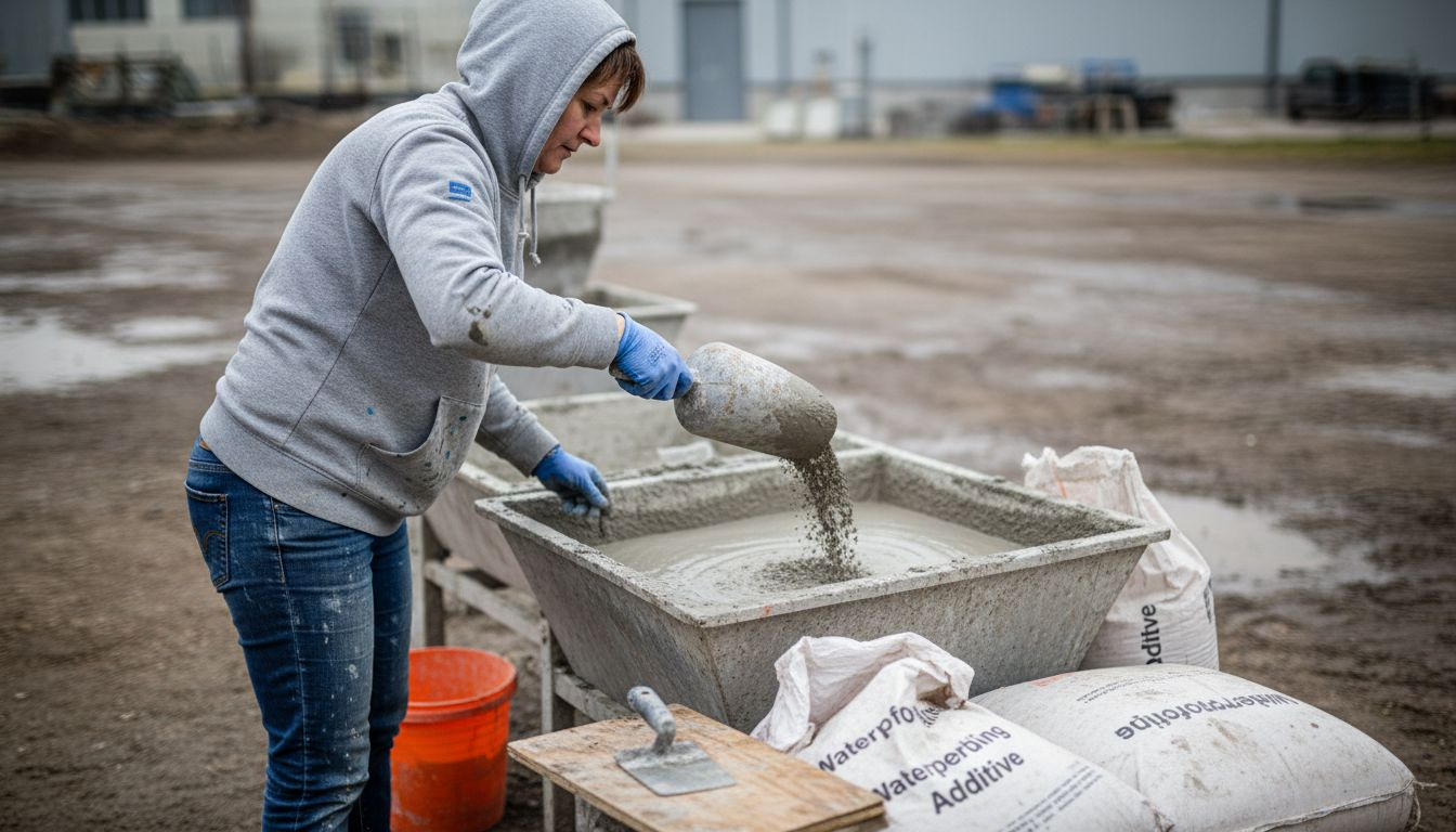 Technician adding waterproofing admixture outdoors