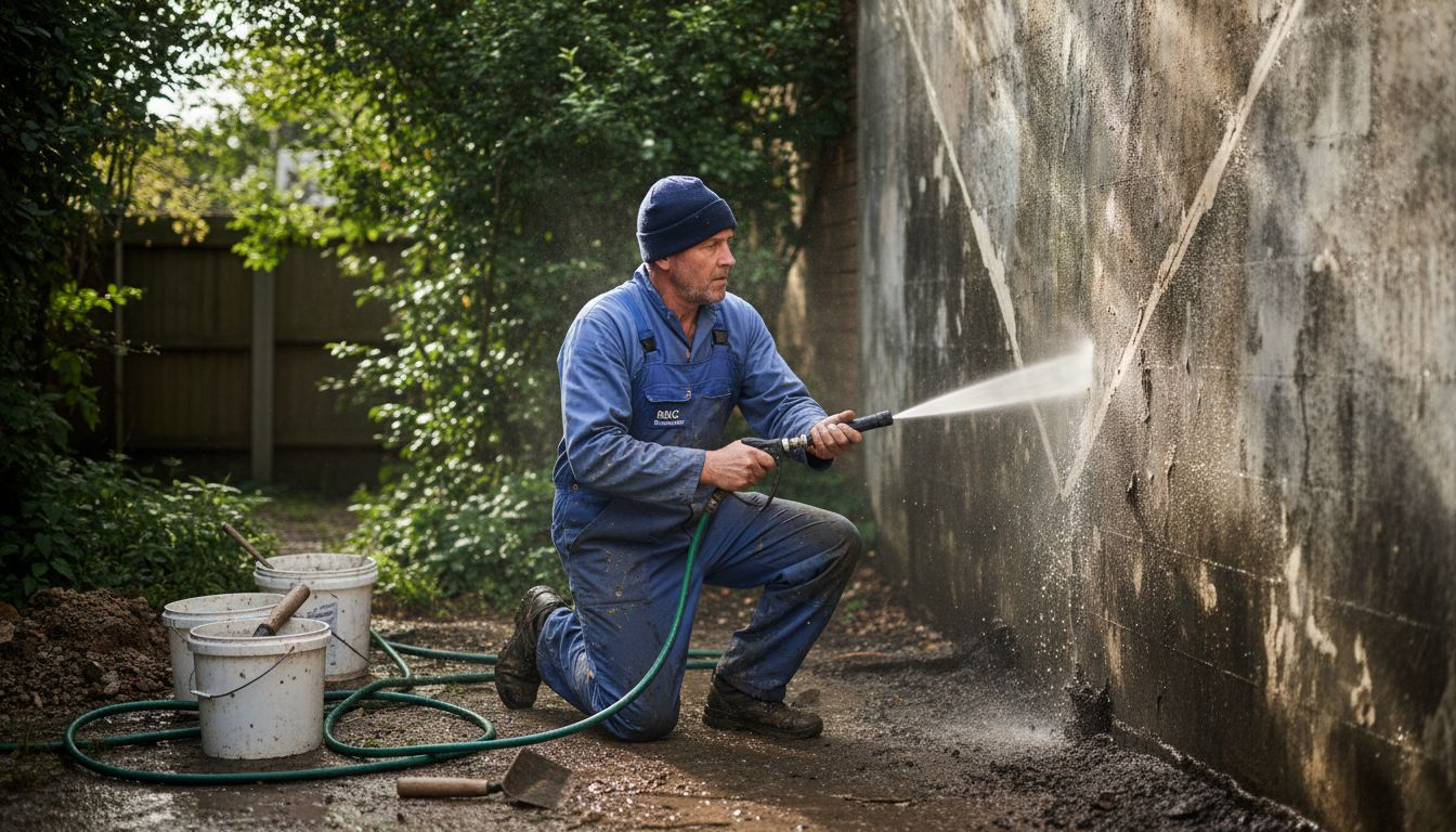 Contractor cleaning exterior basement wall