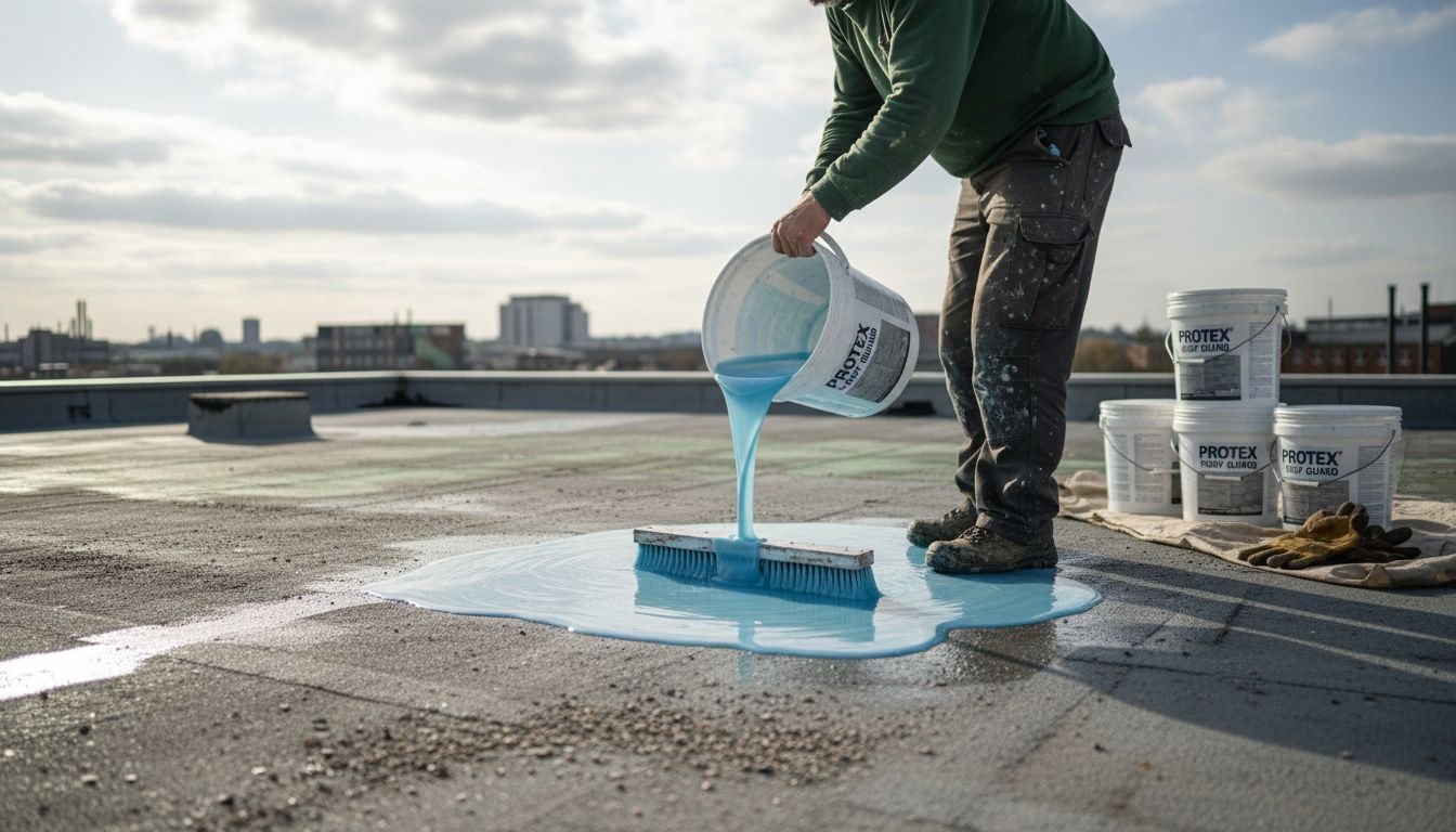 Worker spreading polyurethane waterproof coating