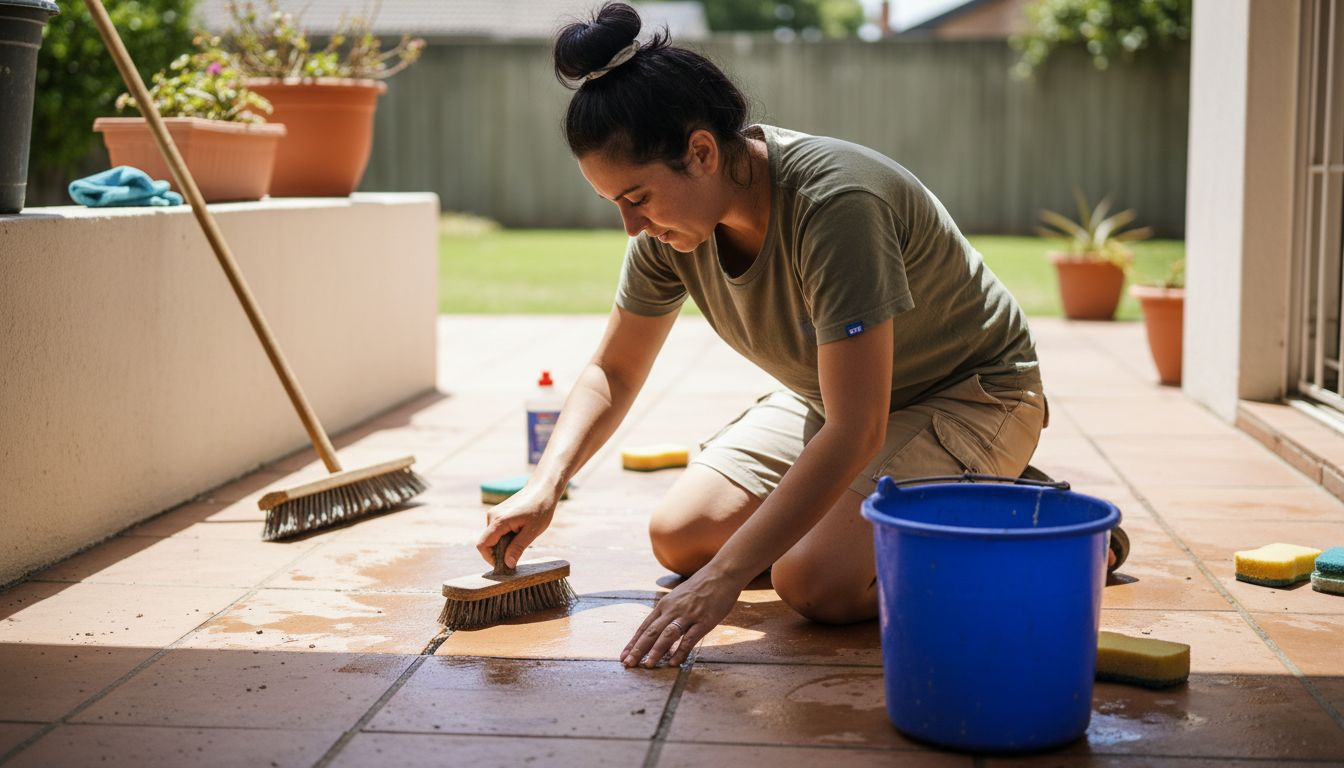 Homeowner cleaning tile for waterproofing prep
