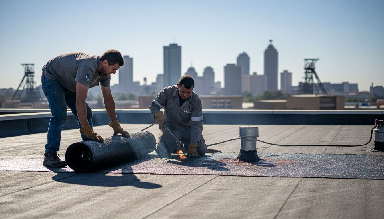 Roofers installing torch-on bitumen membrane
