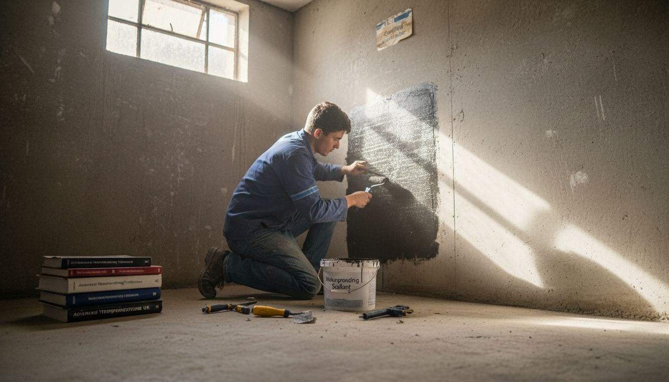 Installer applying membrane to uneven basement wall