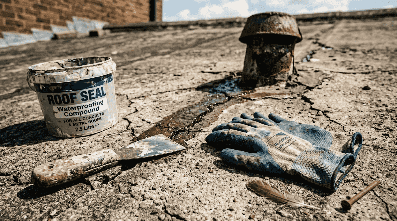 Cracked concrete roof with waterproofing tools