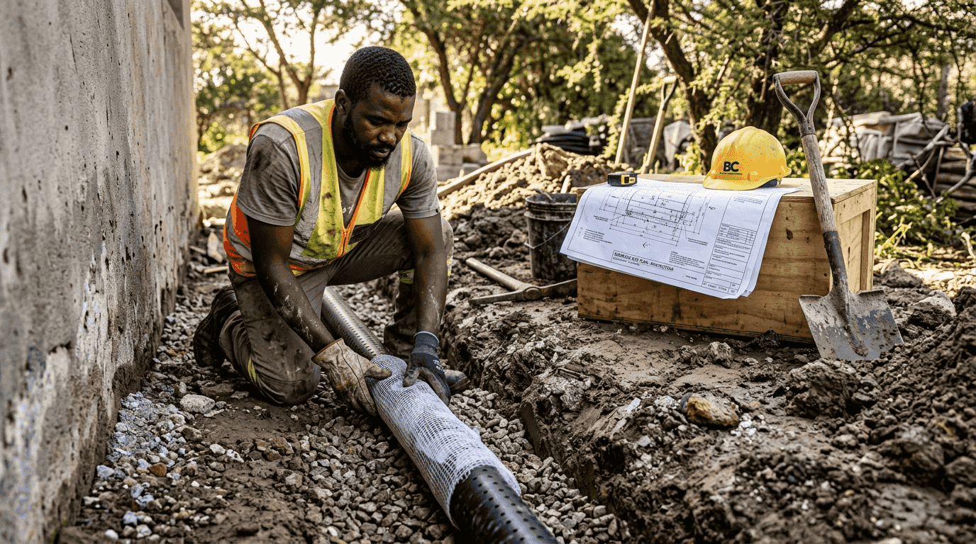 Contractor installing French drain beside foundation