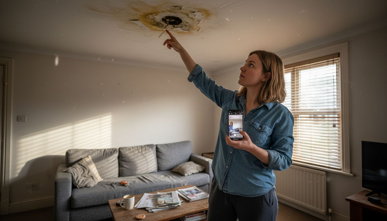 Woman inspecting waterstained mouldy ceiling
