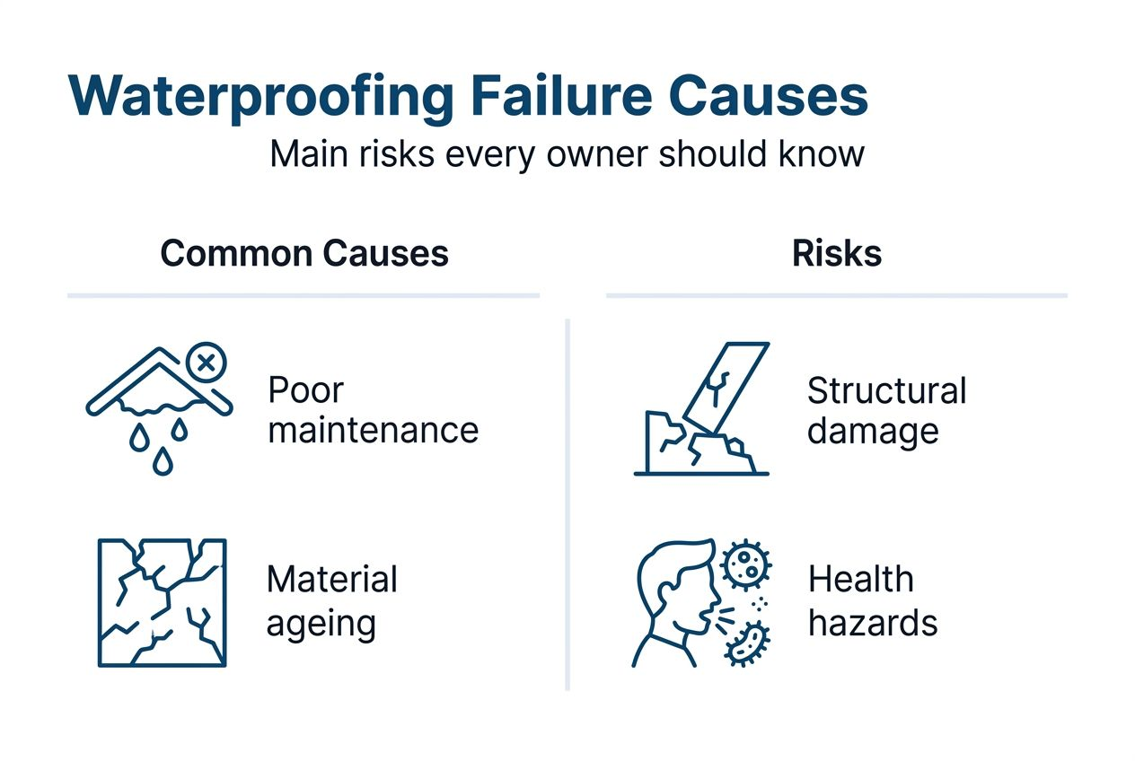 Infographic outlining waterproofing failure causes and risks