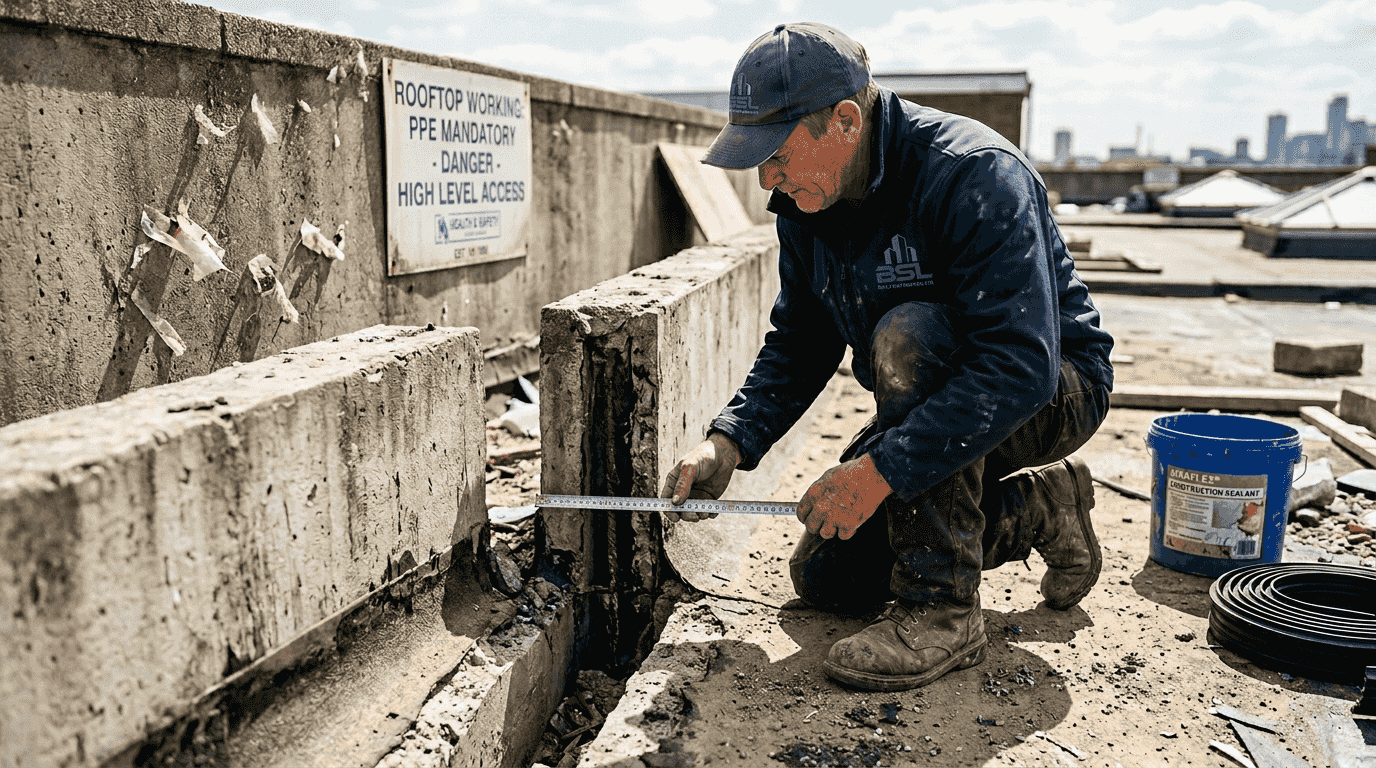 Supervisor measuring rooftop expansion joint