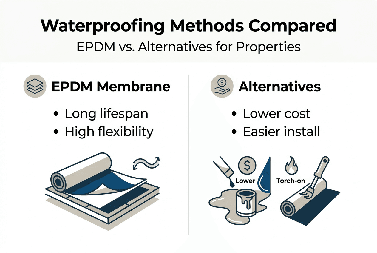 Infographic comparing EPDM and alternative waterproofing methods