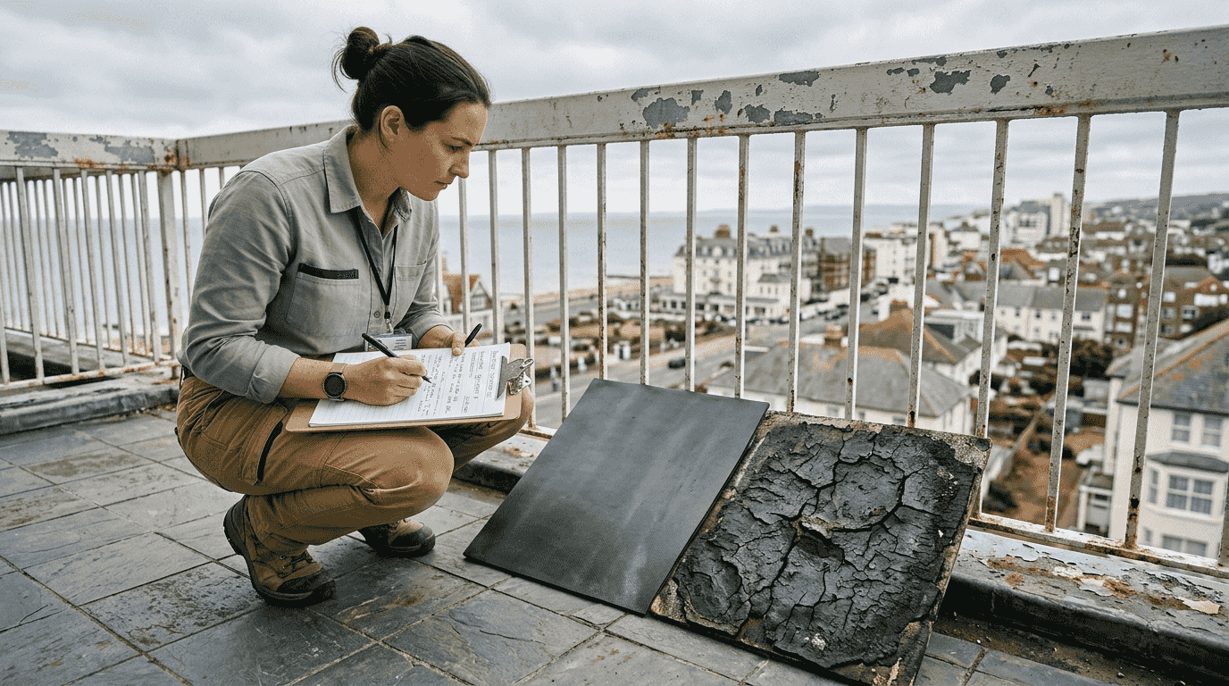 Inspector comparing two waterproofing samples on balcony