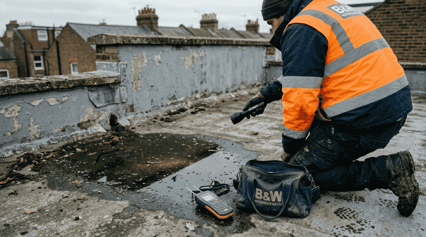 Contractor inspecting ponding water on flat roof