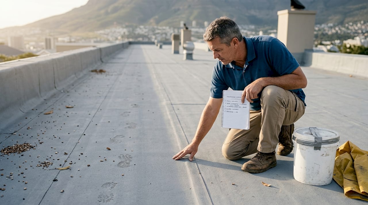 Checking waterproofing membrane on city rooftop