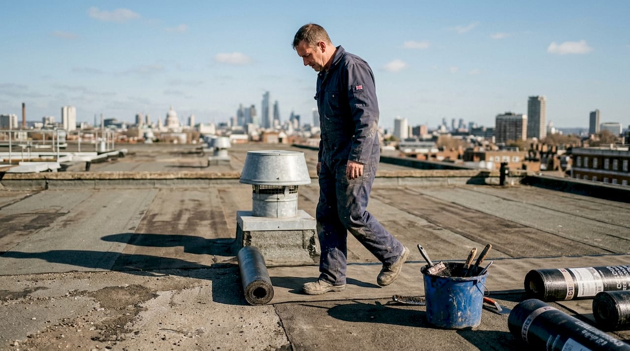 Worker applying bituminous membrane to roof