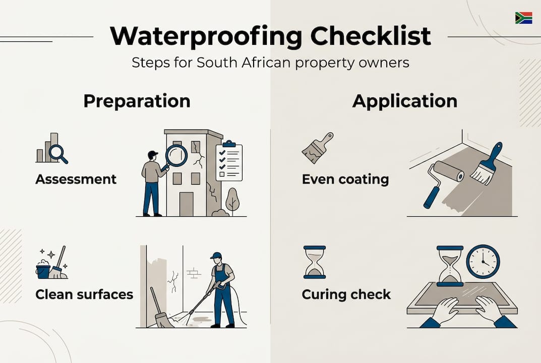Infographic summarizing waterproofing checklist steps