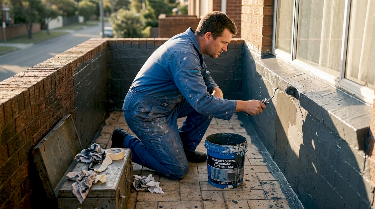 Contractor applying waterproofing membrane on balcony
