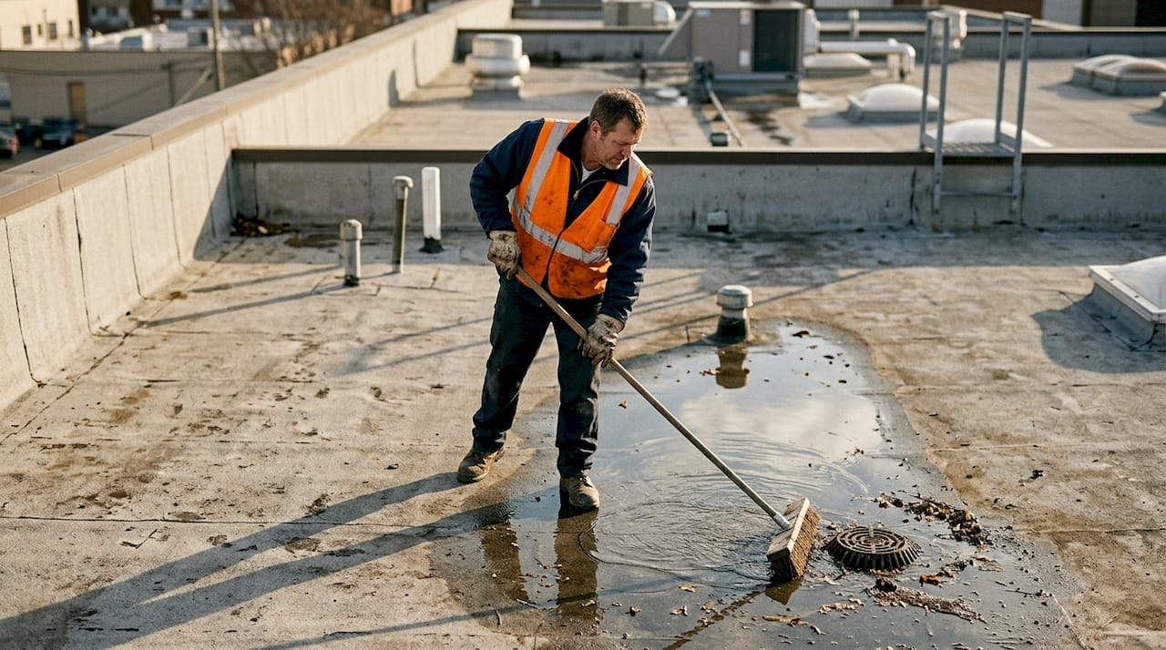 Worker sweeping water off flat roof surface