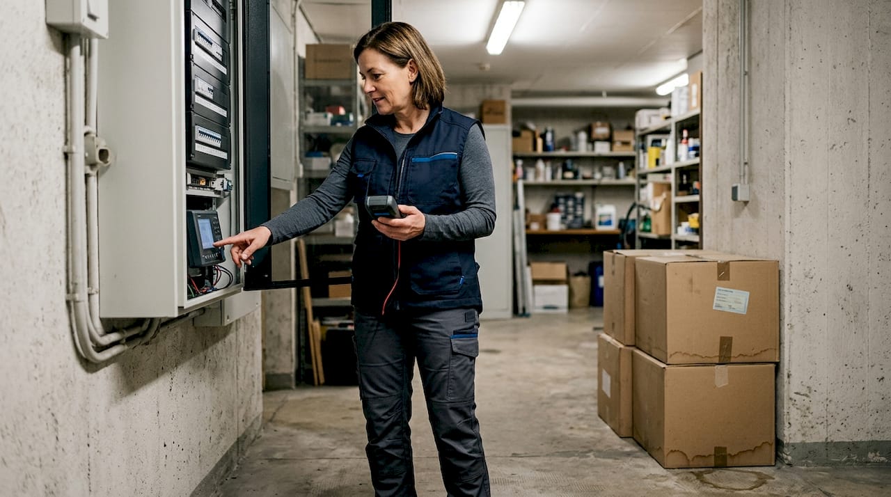 Worker checks cracked basement wall for moisture