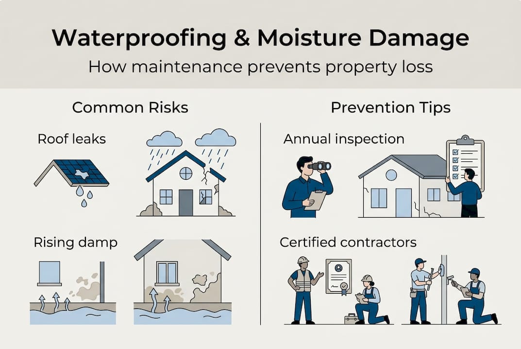 Infographic summarizing waterproofing risks and prevention