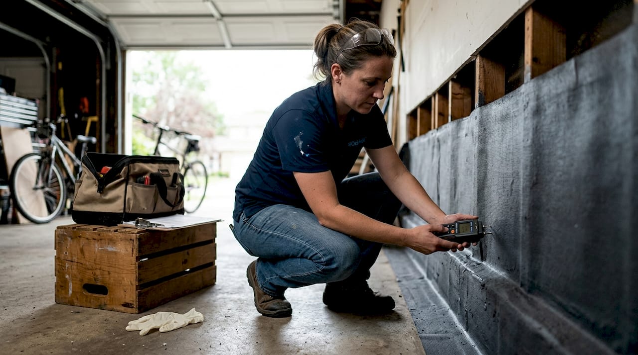 Technician tests garage wall waterproofing membrane