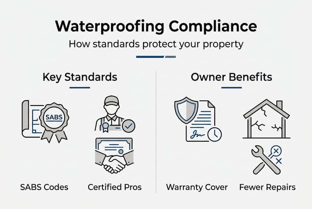 Infographic summarizing waterproofing standards and benefits