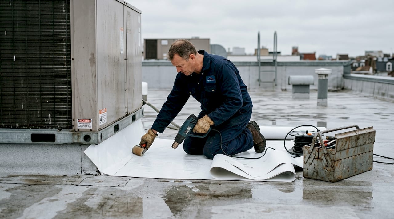 Contractor heat-welding TPO roofing membrane