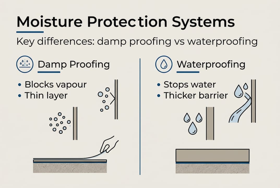 Infographic compares damp proofing and waterproofing