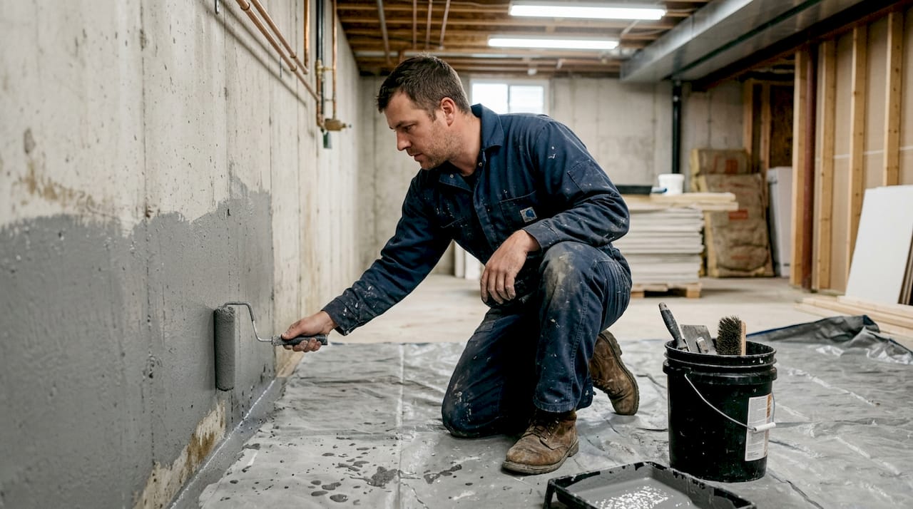 Worker applies waterproofing to basement wall
