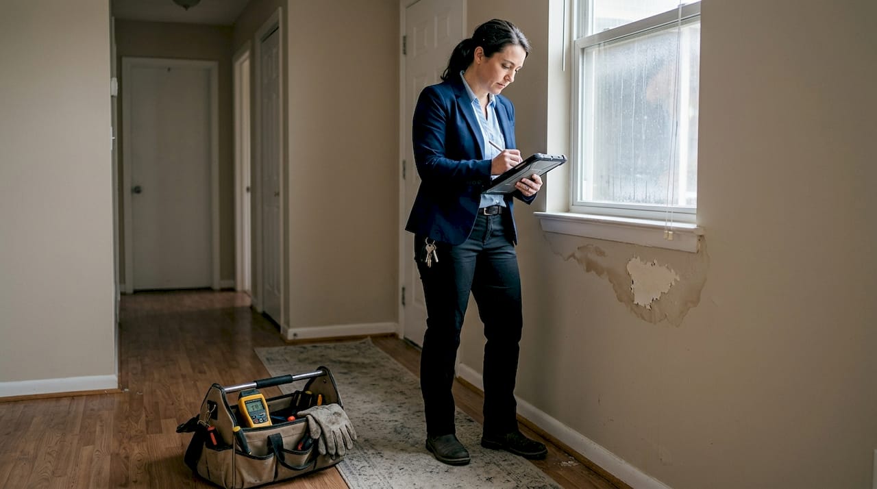 Manager documenting water damage in hallway