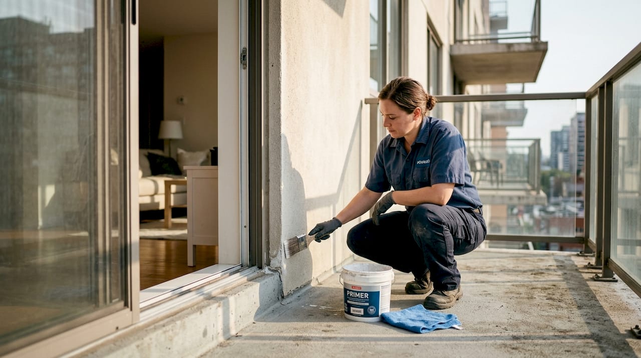 Worker cleaning concrete surface for waterproofing