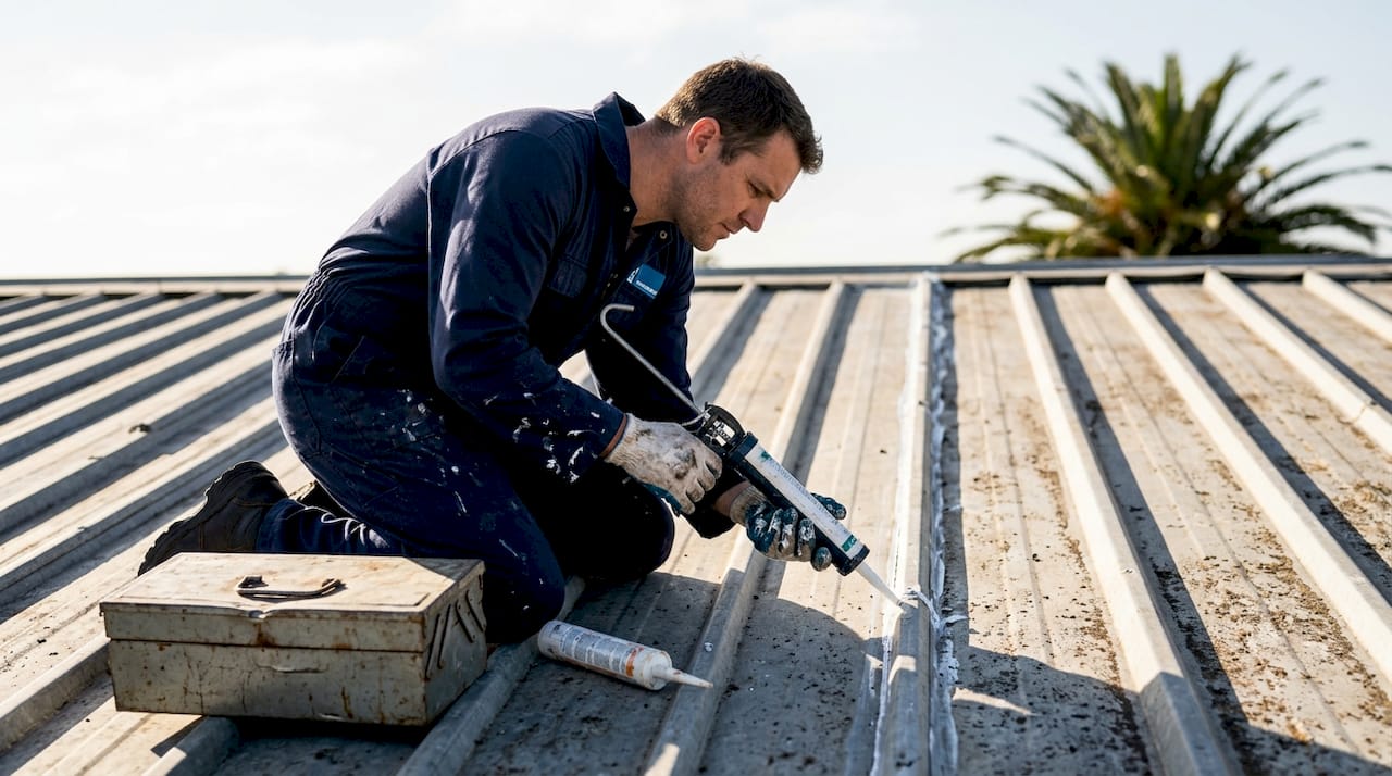 Roofer applying UV sealant on corrugated roof