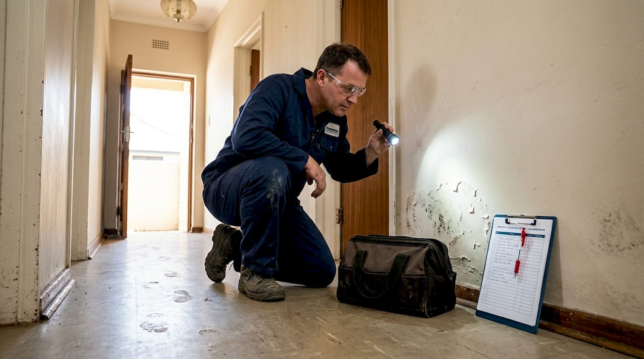 Inspector checks hallway for water damage patch