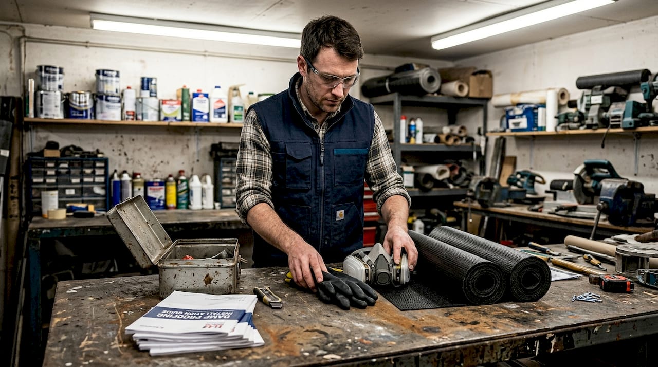 Technician preparing safety tools for damp proofing