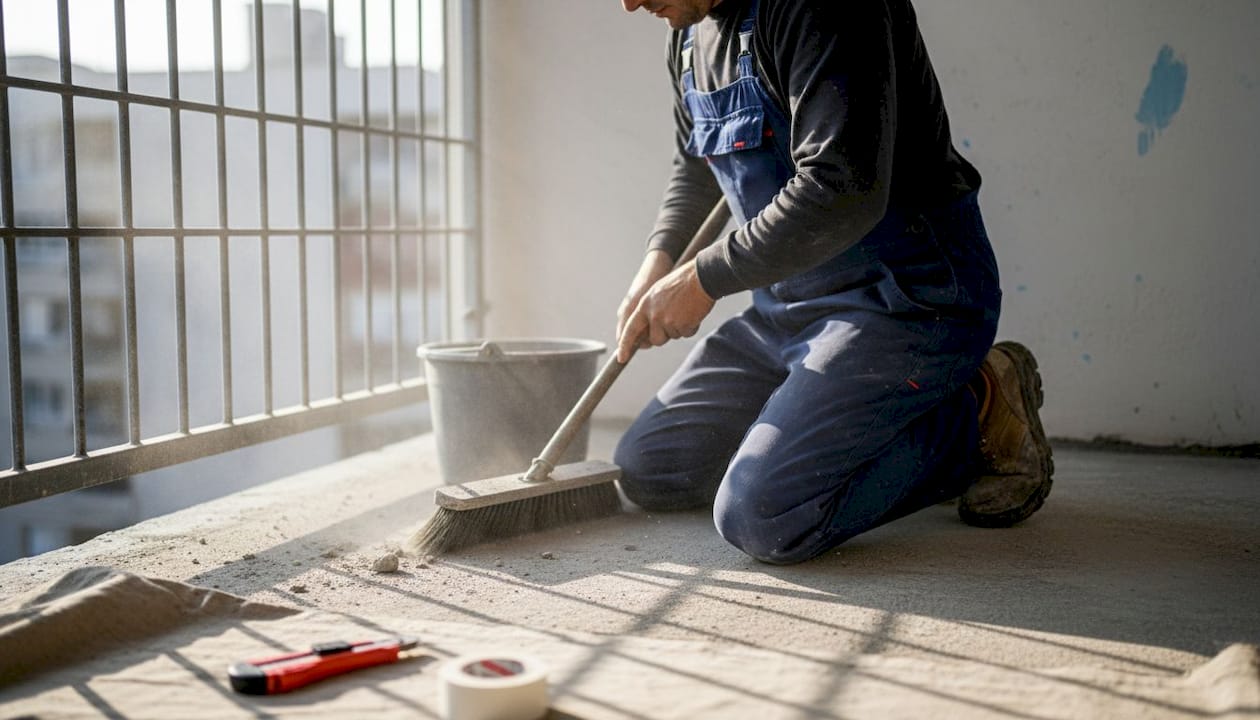Contractor sweeping balcony in surface preparation
