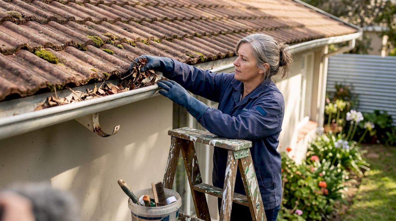 Woman clearing roof gutter before rainy season