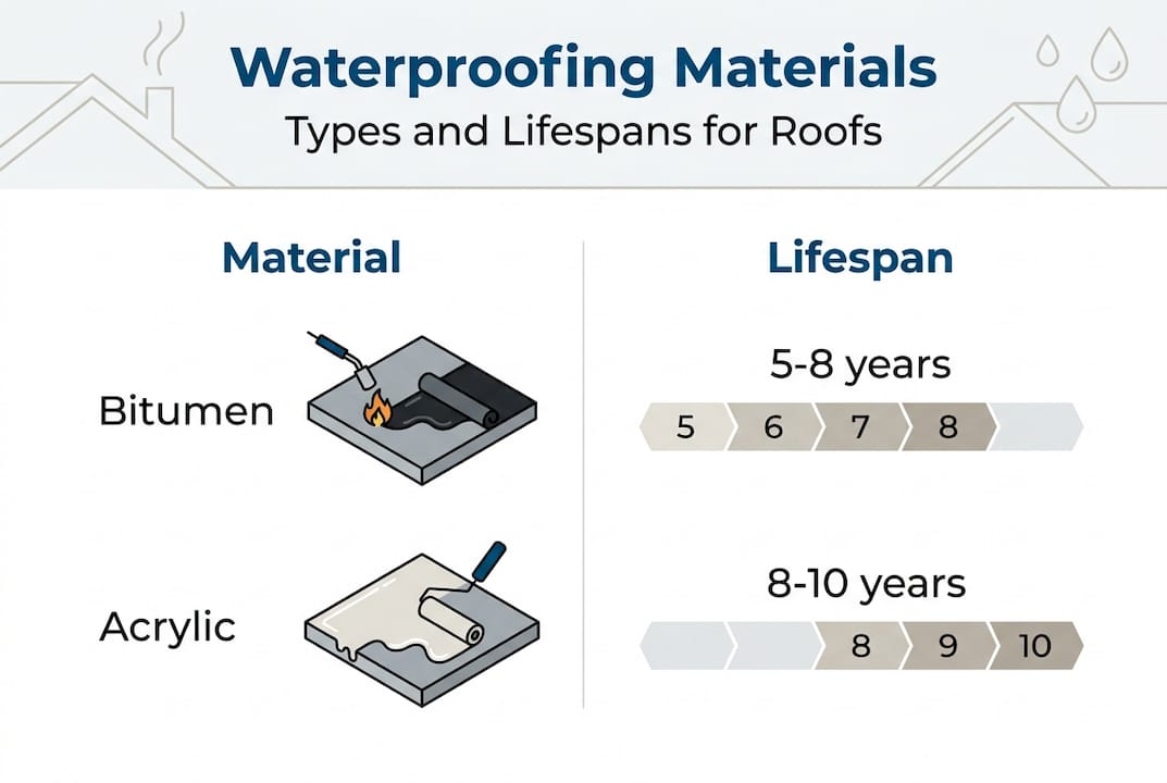 Infographic comparing roof waterproofing materials and lifespan