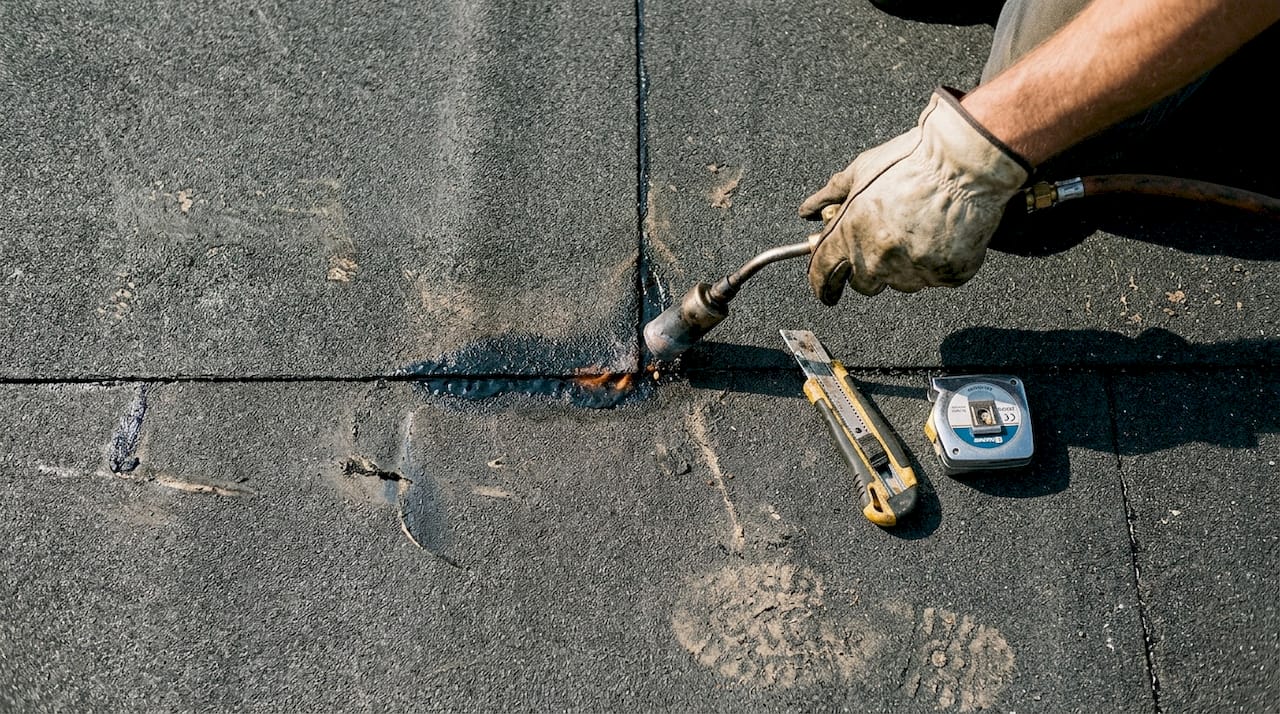 Closeup of torch-on bitumen seam and tools