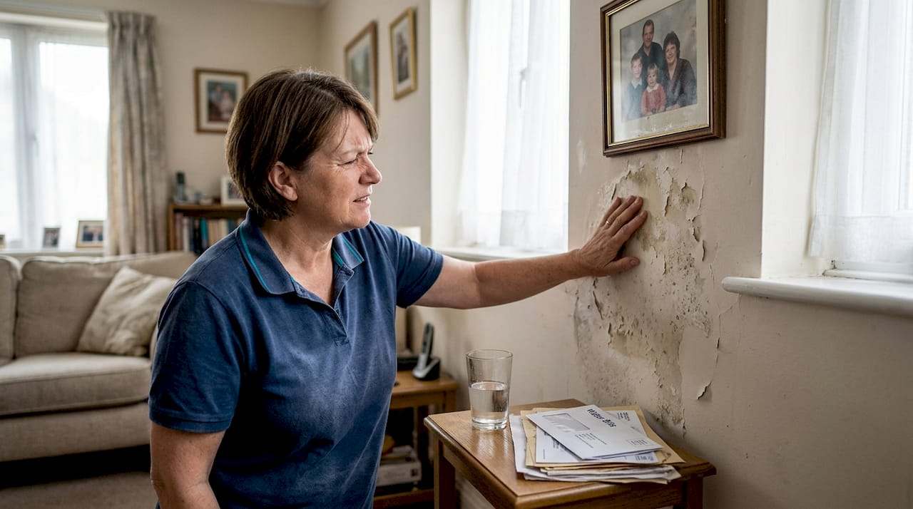 Homeowner inspecting damp patch on wall