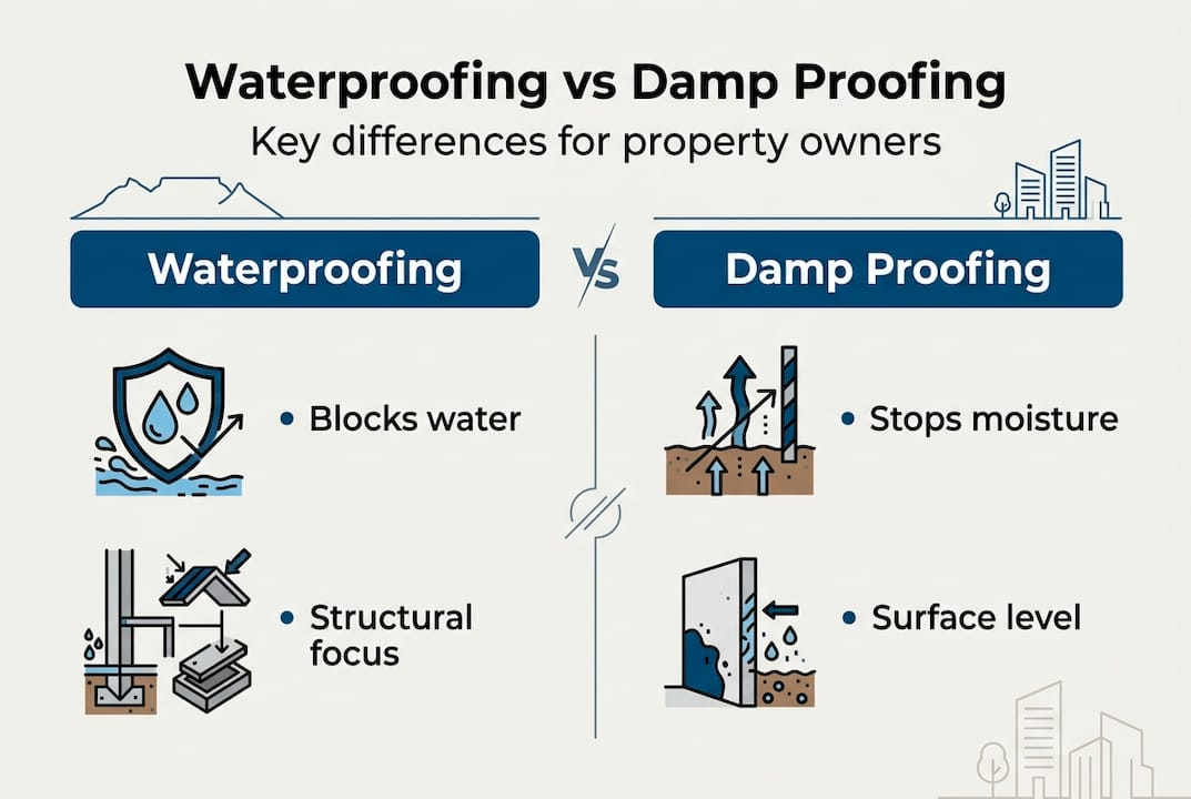 Infographic comparing waterproofing and damp proofing