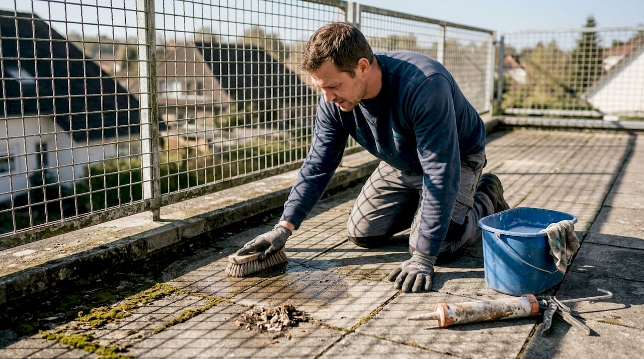 Worker preparing surface for waterproofing