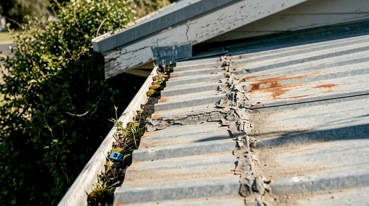 Cracked sealant and rust on old metal roof