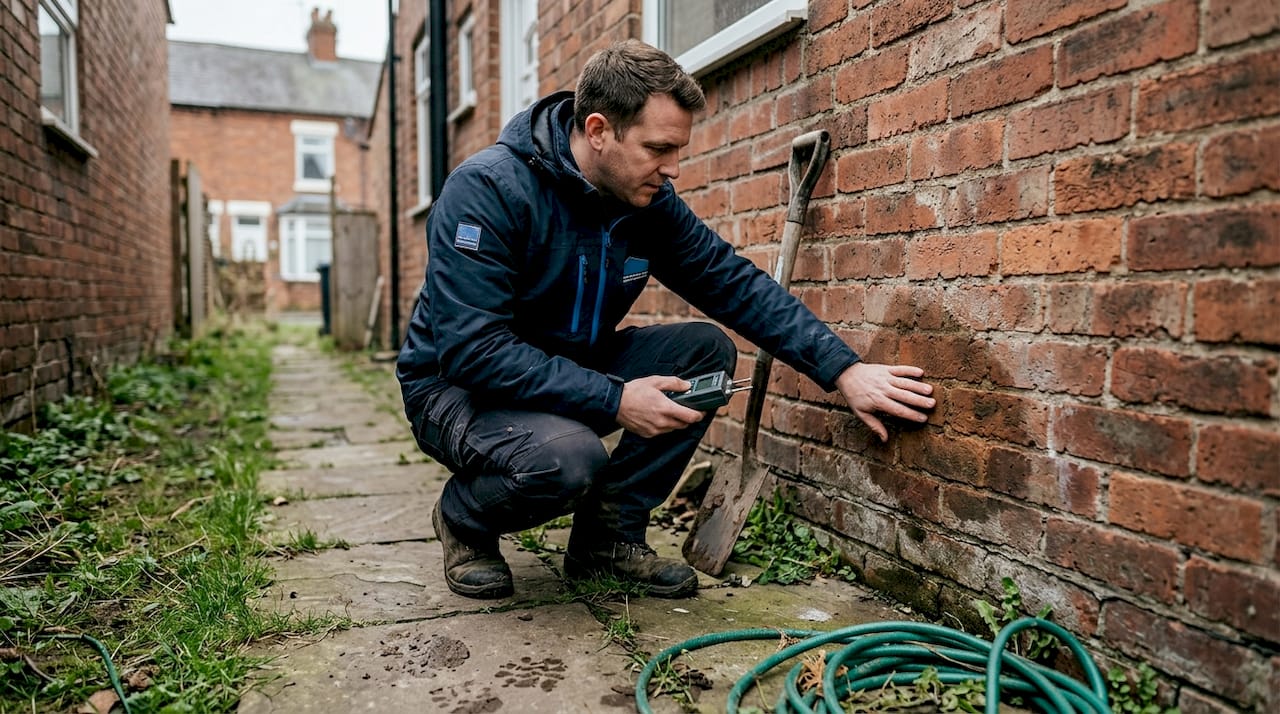 Inspector examines rising damp at foundation