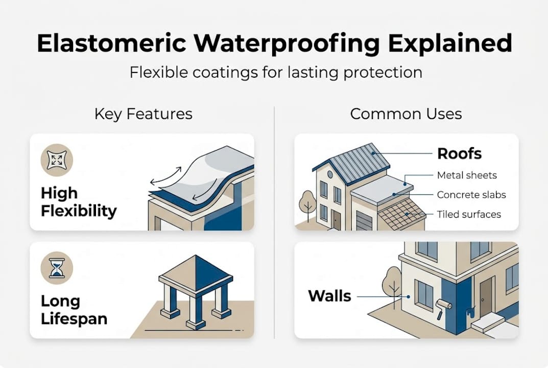 Infographic showing features and uses of elastomeric waterproofing