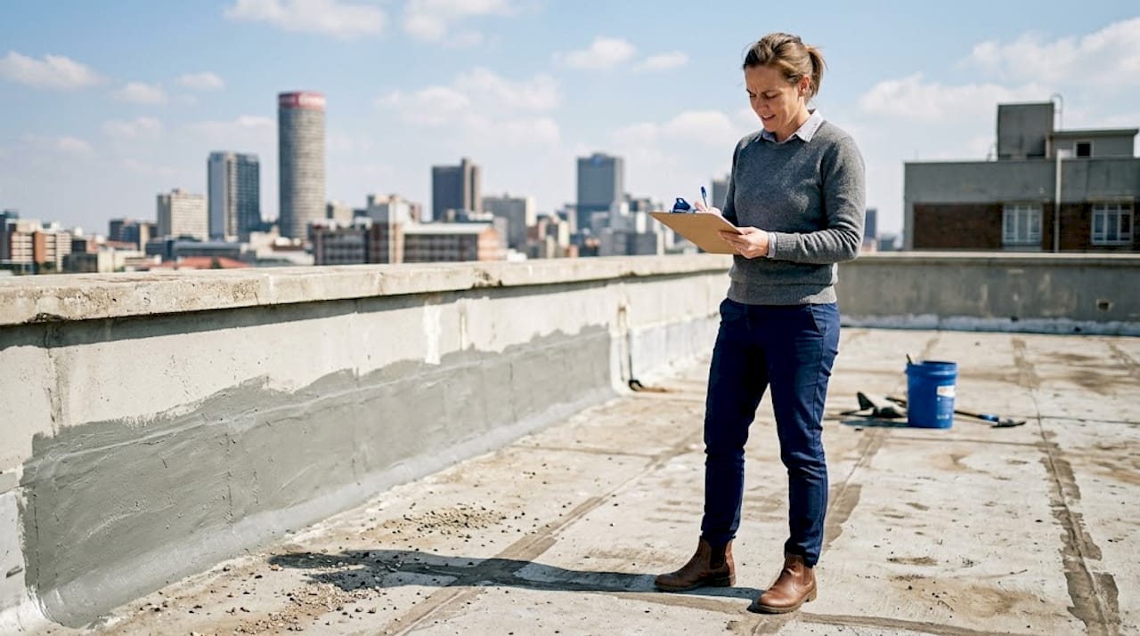 Inspecting waterproofed roof in urban setting