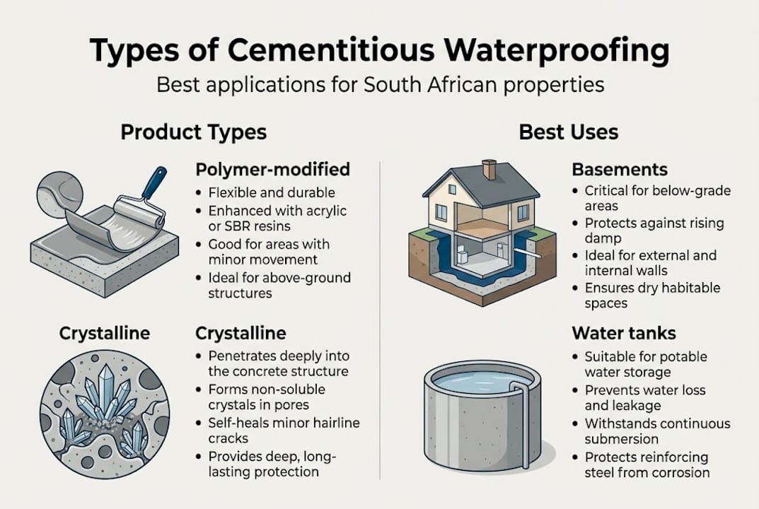 Infographic outlining waterproofing types and uses